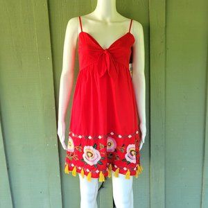 NWT GIANNI BINI Red Flowerworks Embroidered Fringe Sundress Dress M
